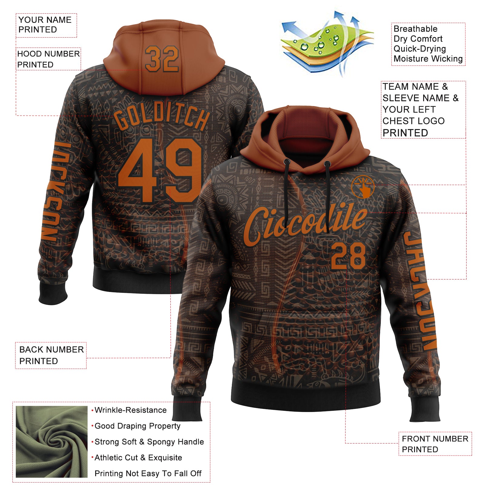 Custom Black Texas Orange 3D Pattern Design Ethnic Tribal Sportswear Pullover Sweatshirt Hoodie