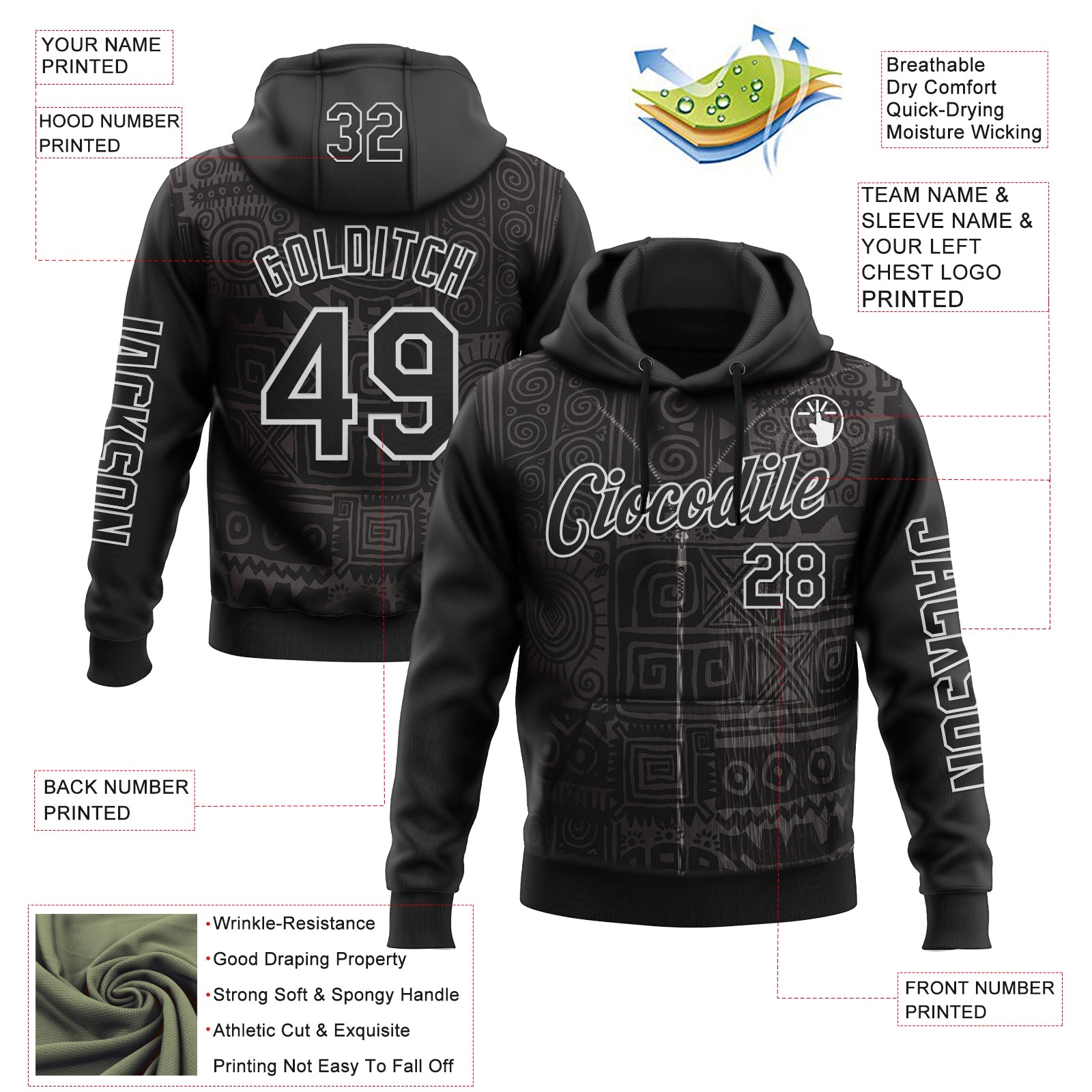 Custom Black White 3D Pattern Design Ethnic Tribal Sportswear Pullover Sweatshirt Hoodie