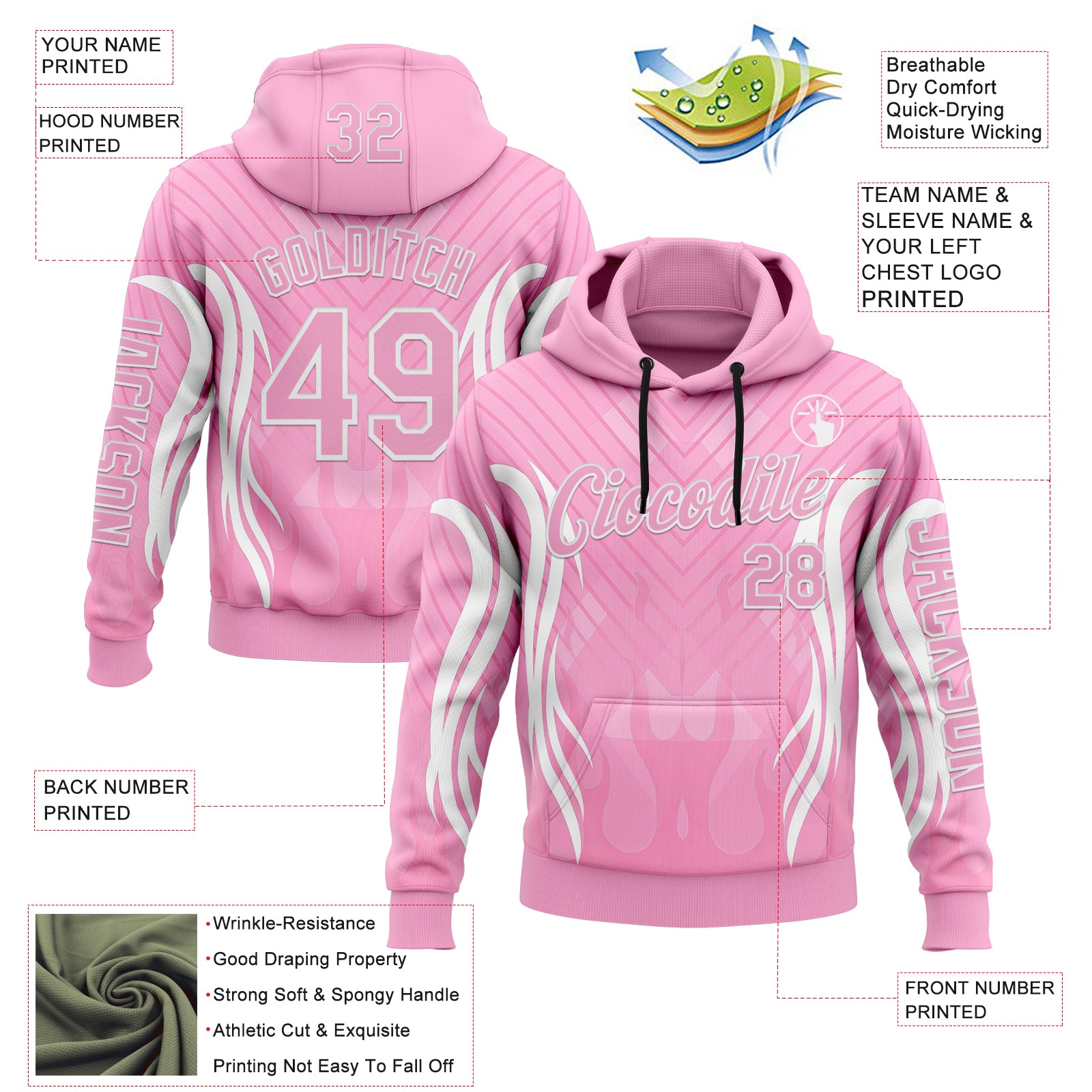 Custom Light Pink White 3D Abstract Flame Sports Pullover Sweatshirt Hoodie