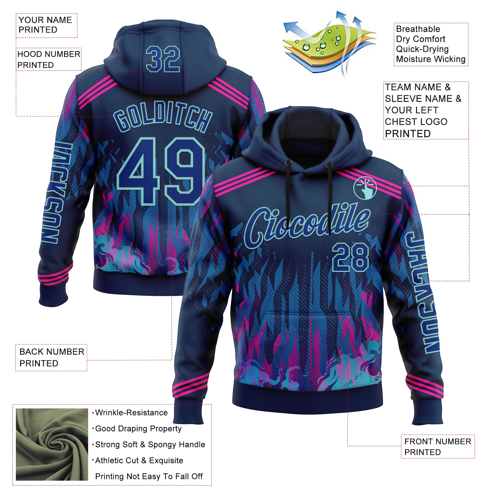 Custom Blue Royal Pink-Ice Blue 3D Abstract Flame Sports Pullover Sweatshirt Hoodie