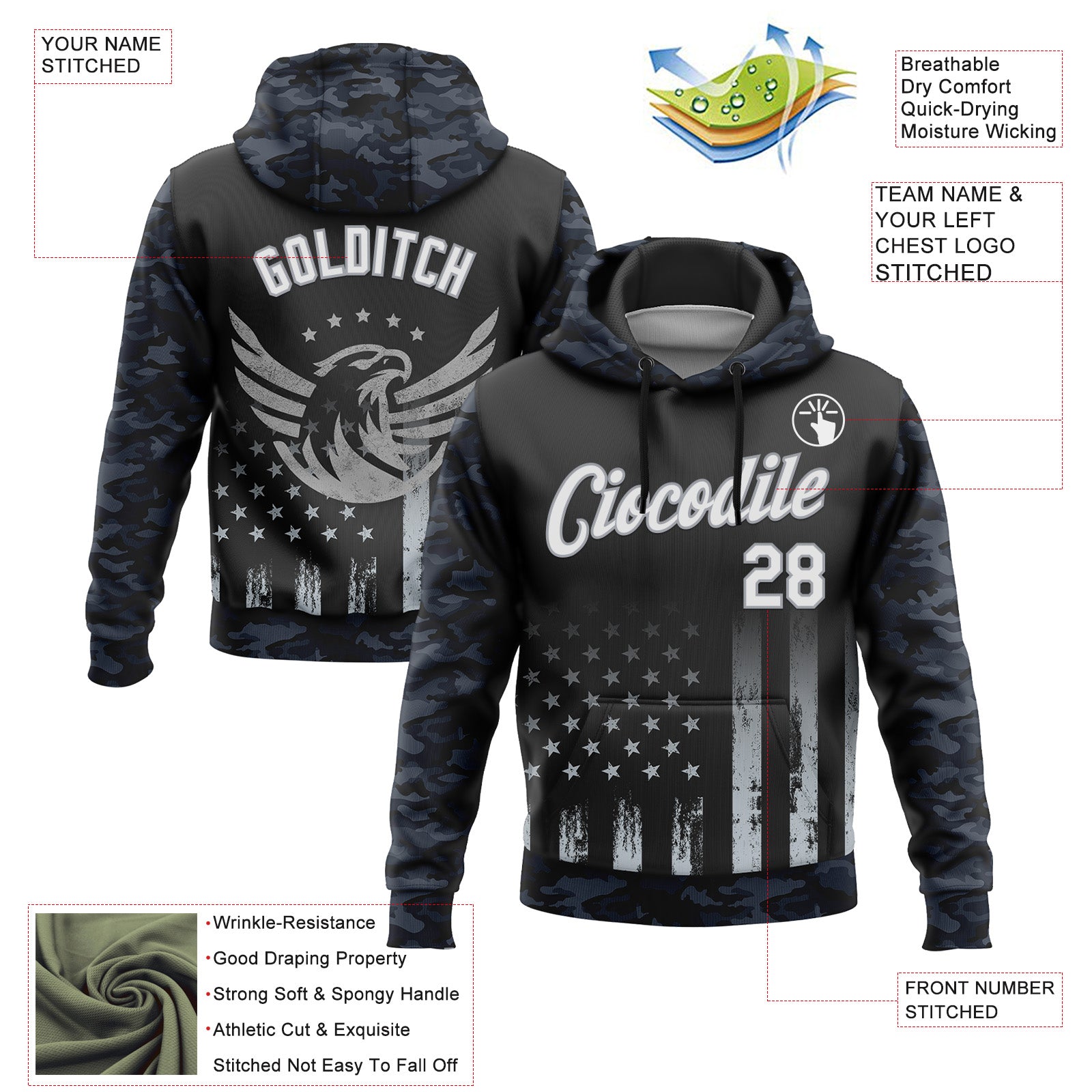 Custom Stitched Black White Camo-Gray 3D American Flag Retro Distressed Eagle Grunge Sports Pullover Sweatshirt Hoodie