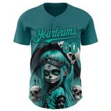Custom Blue Aqua-Black 3D Halloween Spooky Skull Authentic Baseball Jersey
