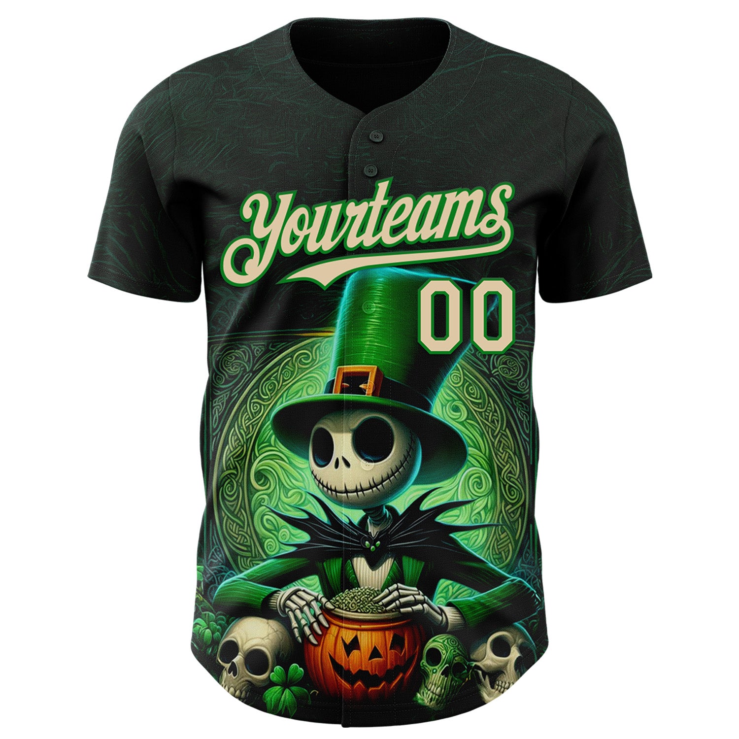 Custom Black City Cream-Grass Green 3D Halloween Spooky Pumpkin Authentic Baseball Jersey