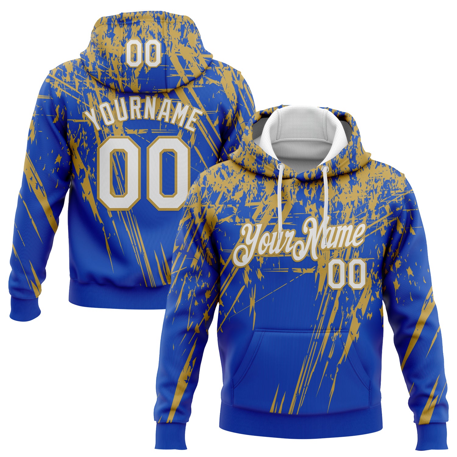 Custom Stitched Thunder Blue White-Old Gold 3D Pattern Design Splash Grunge Art Sports Pullover Sweatshirt Hoodie