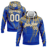 Custom Stitched Thunder Blue White-Old Gold 3D Pattern Design Splash Grunge Art Sports Pullover Sweatshirt Hoodie
