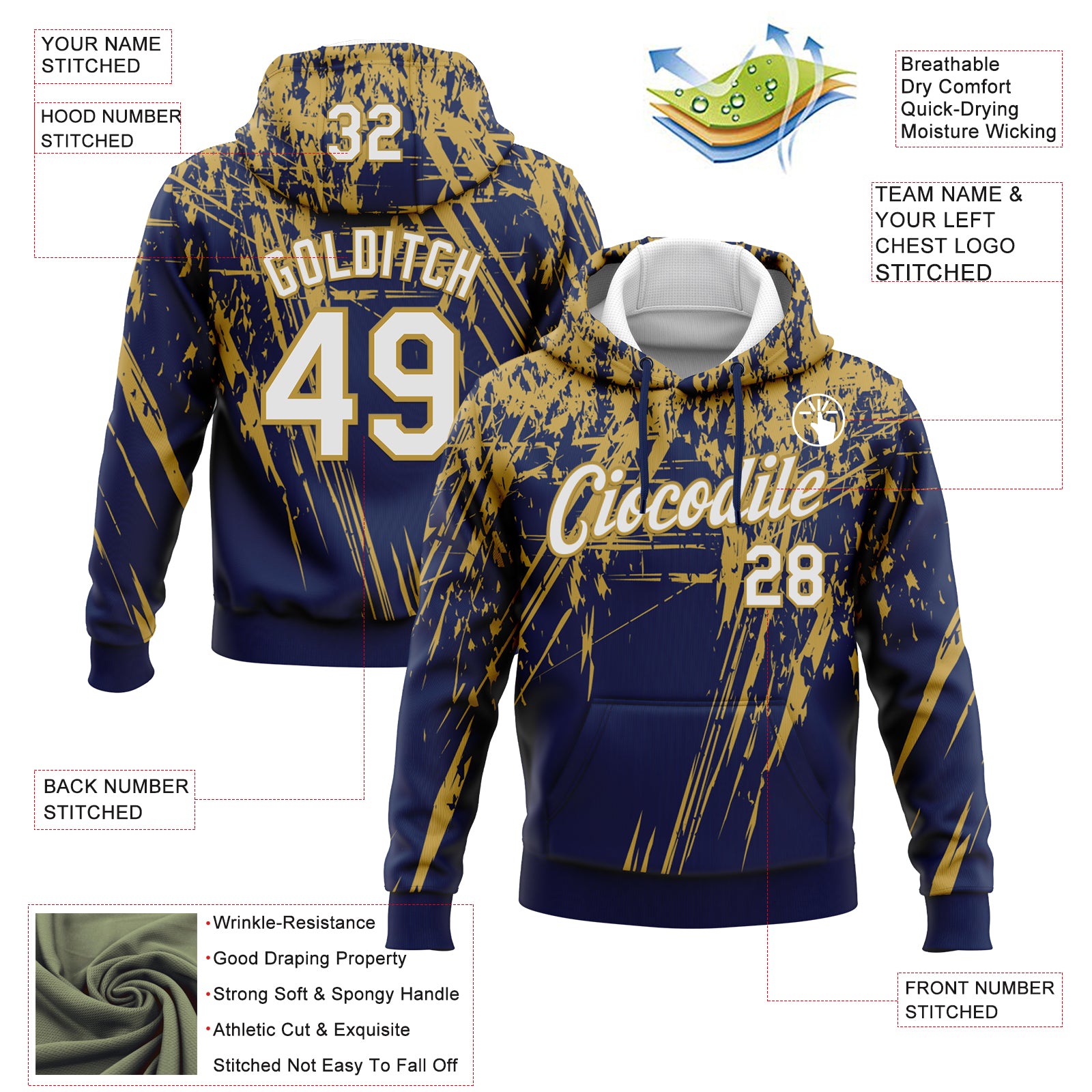 Custom Stitched Navy White-Old Gold 3D Pattern Design Splash Grunge Art Sports Pullover Sweatshirt Hoodie