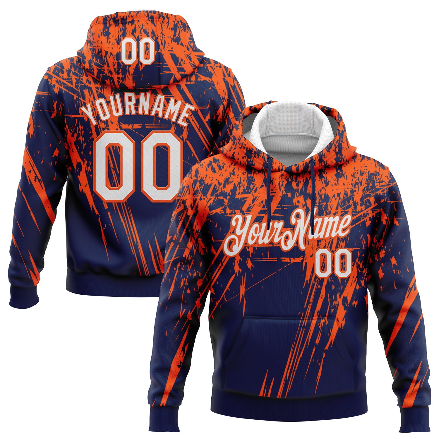 Custom Stitched Navy White-Orange 3D Pattern Design Splash Grunge Art Sports Pullover Sweatshirt Hoodie