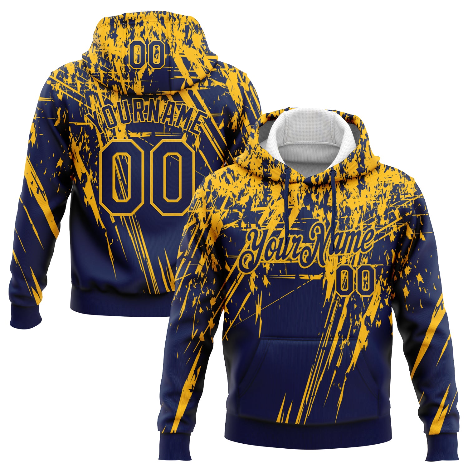 Custom Stitched Navy Gold 3D Pattern Design Splash Grunge Art Sports Pullover Sweatshirt Hoodie