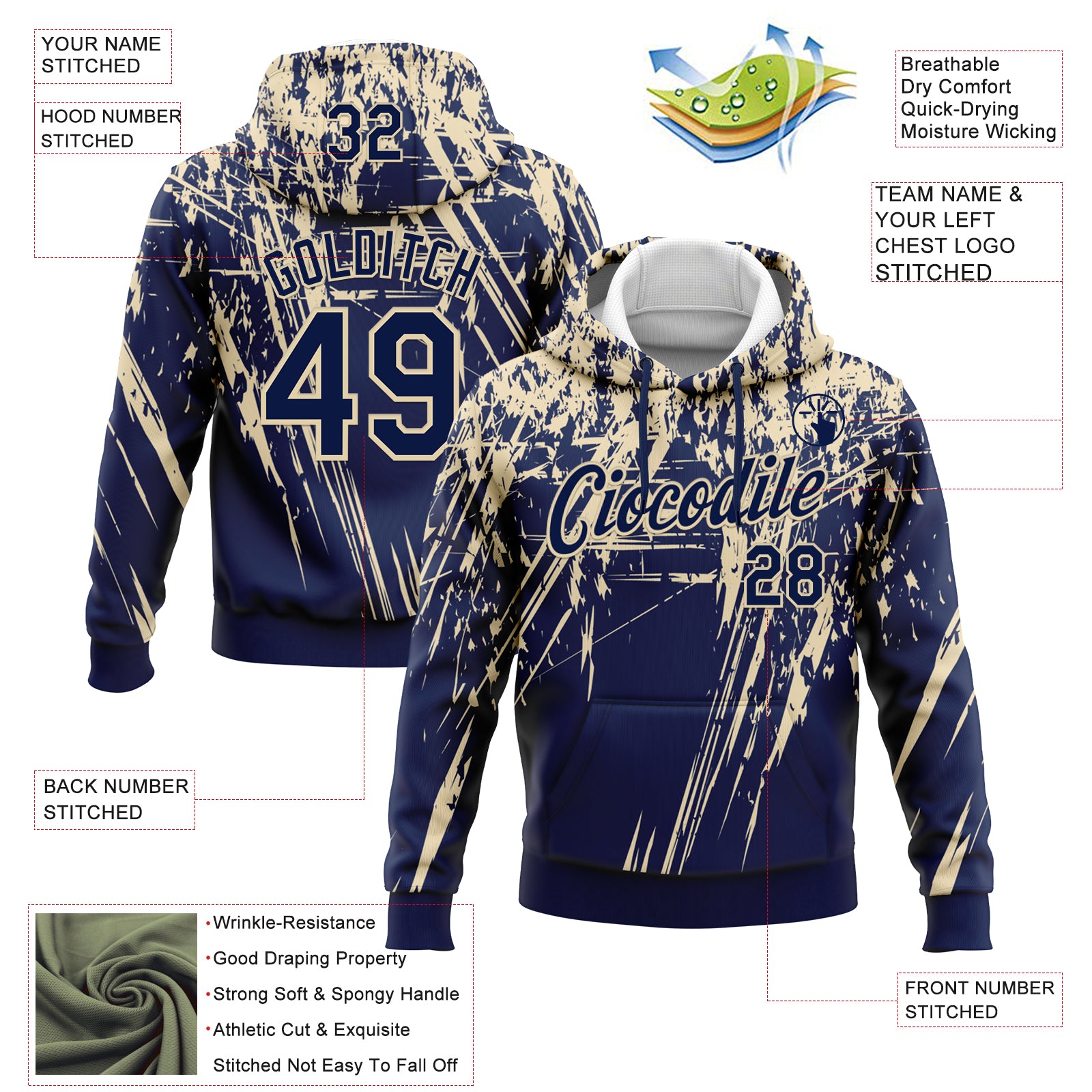 Custom Stitched Navy Cream 3D Pattern Design Splash Grunge Art Sports Pullover Sweatshirt Hoodie