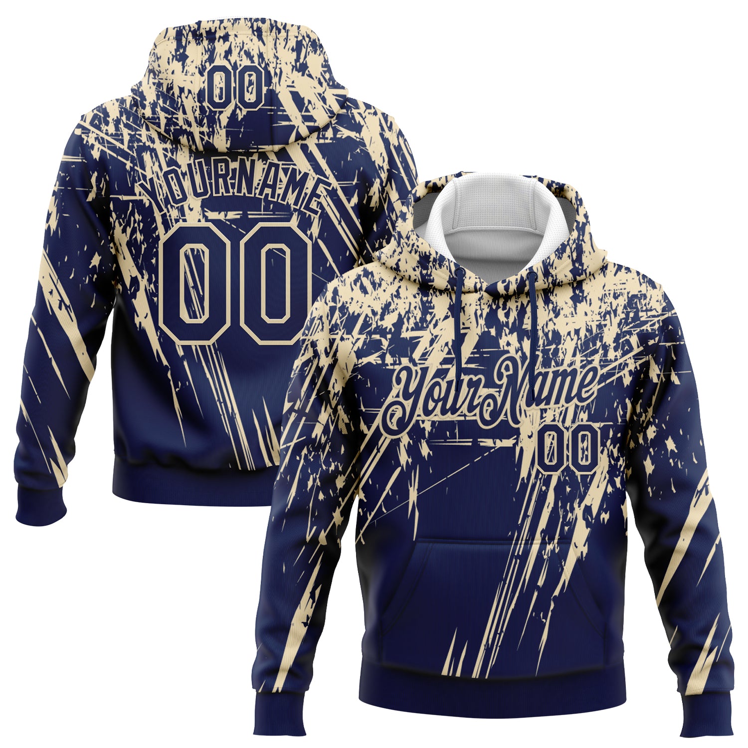 Custom Stitched Navy Cream 3D Pattern Design Splash Grunge Art Sports Pullover Sweatshirt Hoodie
