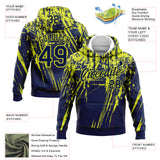 Custom Stitched Navy Neon Yellow 3D Pattern Design Splash Grunge Art Sports Pullover Sweatshirt Hoodie