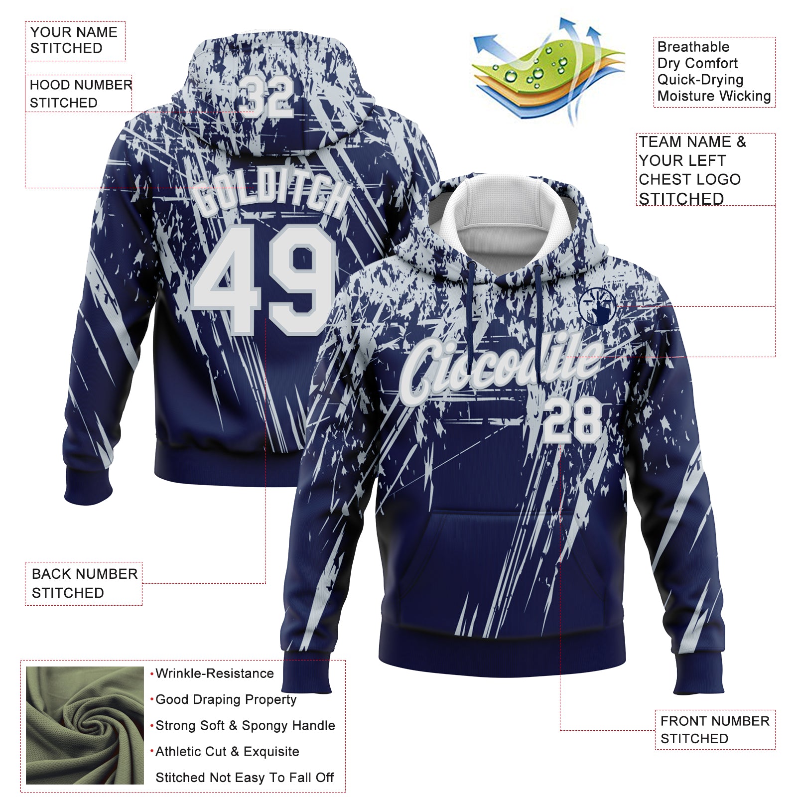 Custom Stitched Navy White-Silver 3D Pattern Design Splash Grunge Art Sports Pullover Sweatshirt Hoodie