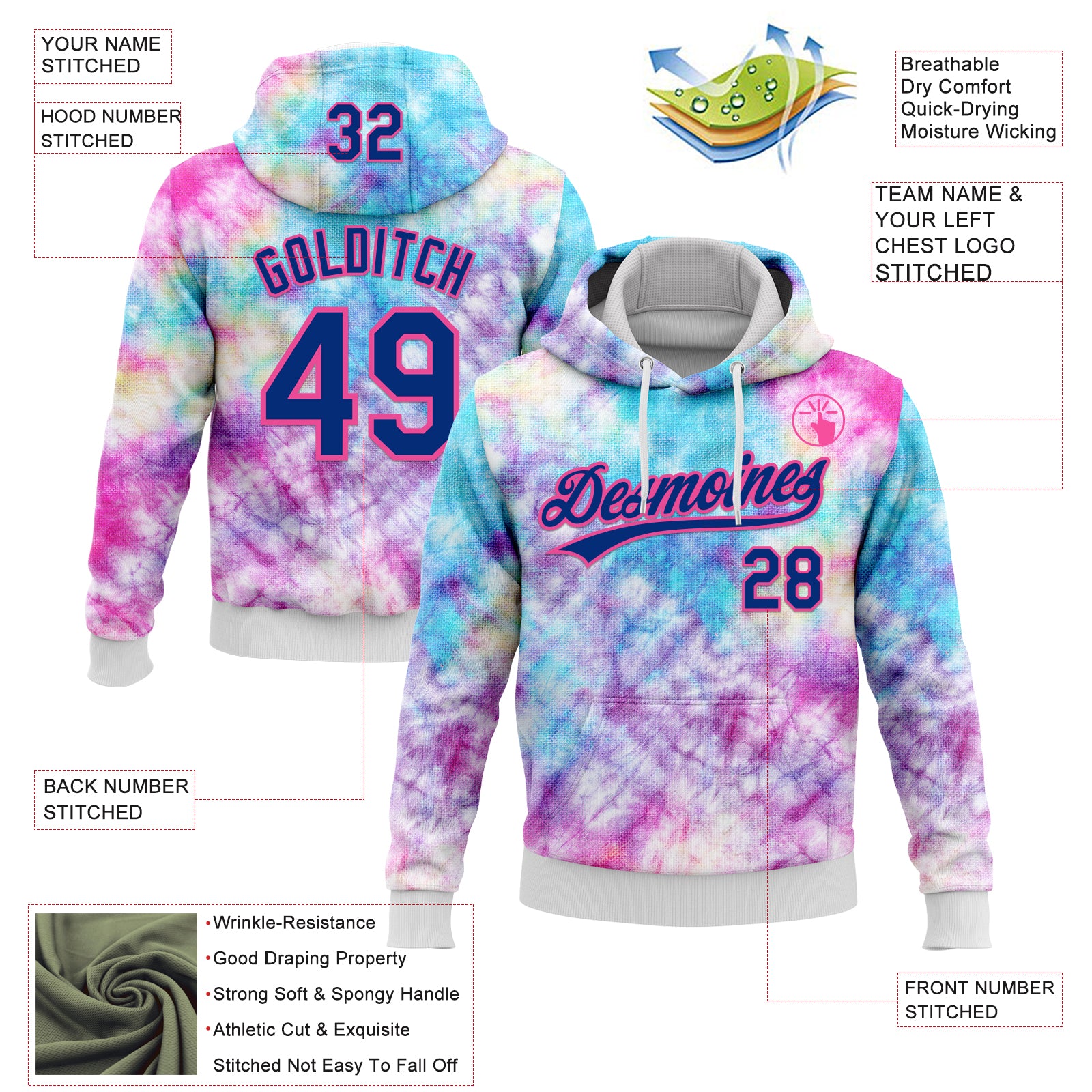Custom Stitched Tie Dye Royal-Pink 3D Sports Pullover Sweatshirt Hoodie