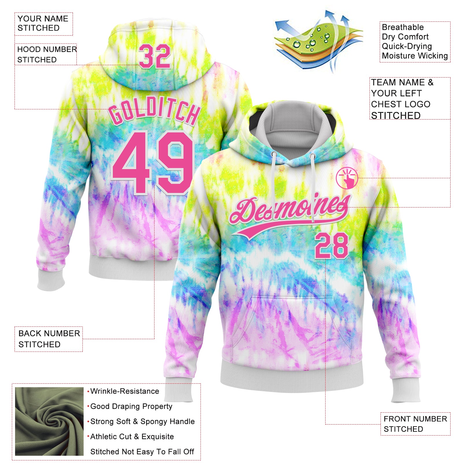 Custom Stitched Tie Dye Pink-White 3D Sports Pullover Sweatshirt Hoodie