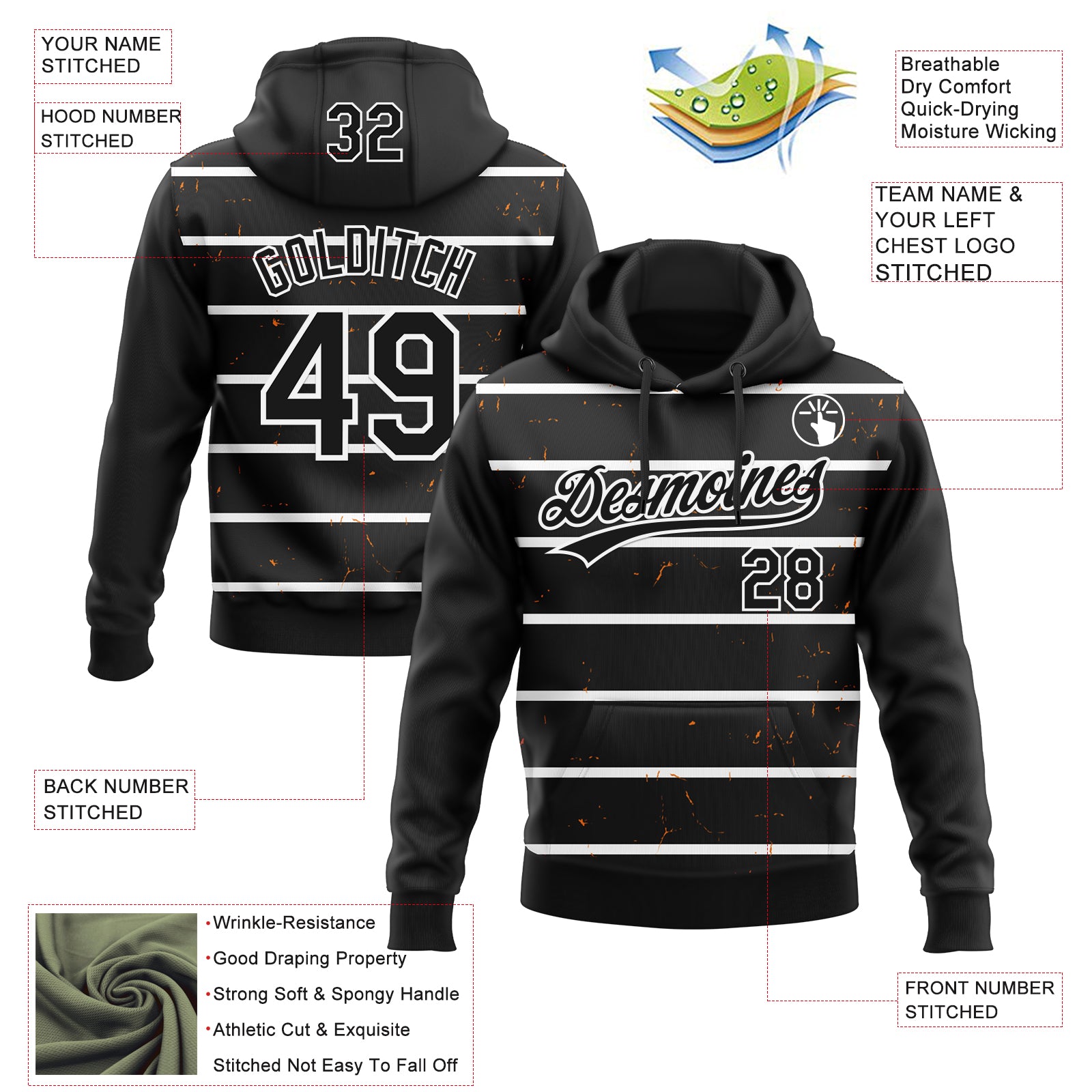 Custom Stitched Black White 3D Pattern Design Line Sportswear Pullover Sweatshirt Hoodie
