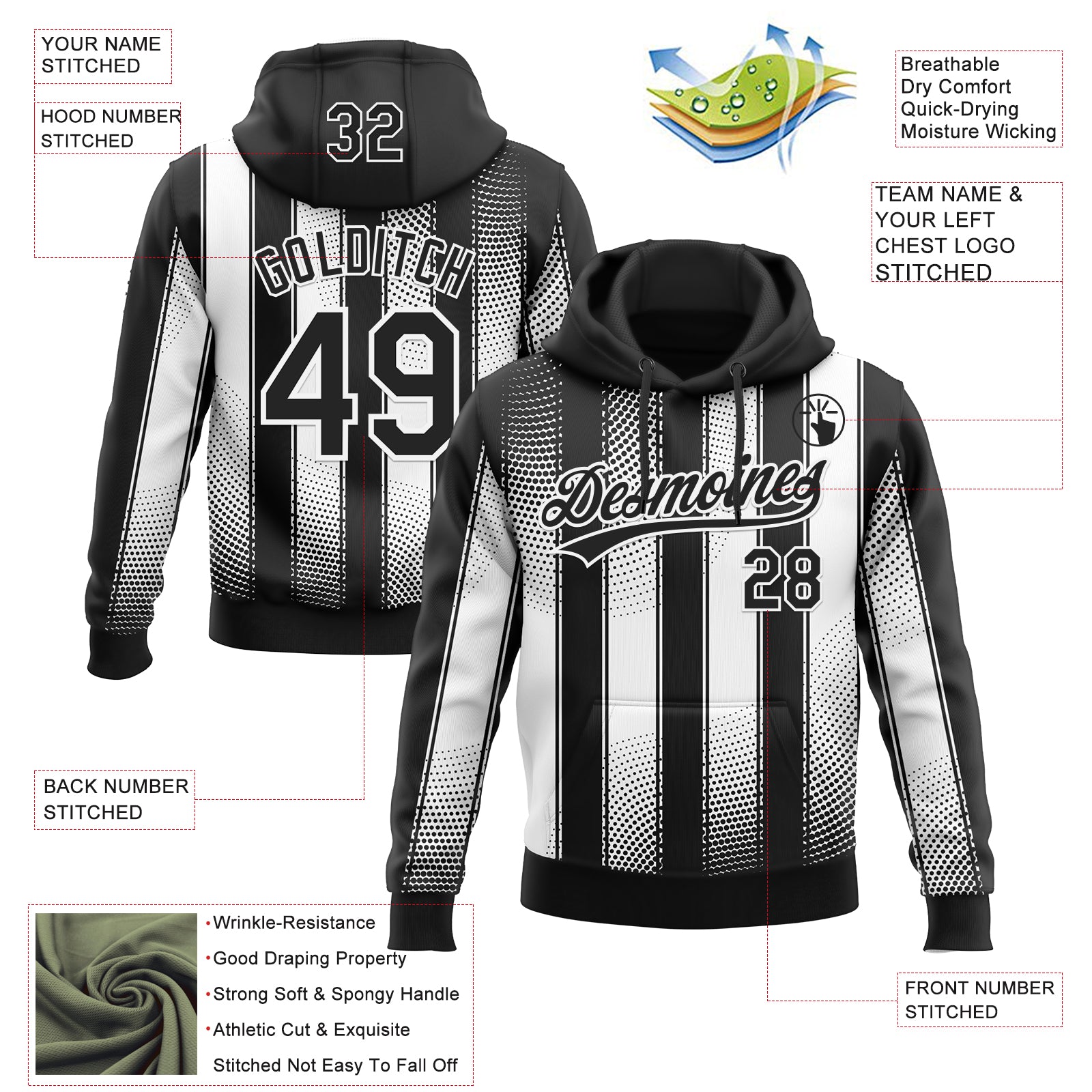 Custom Stitched Black White 3D Pattern Design Line Sportswear Pullover Sweatshirt Hoodie