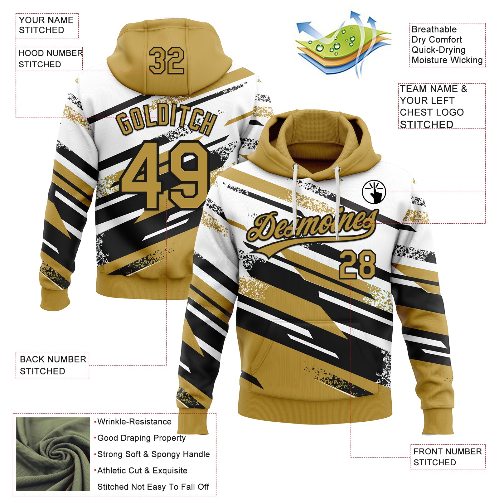 Custom Stitched Old Gold Black-White 3D Pattern Design Line Sportswear Pullover Sweatshirt Hoodie