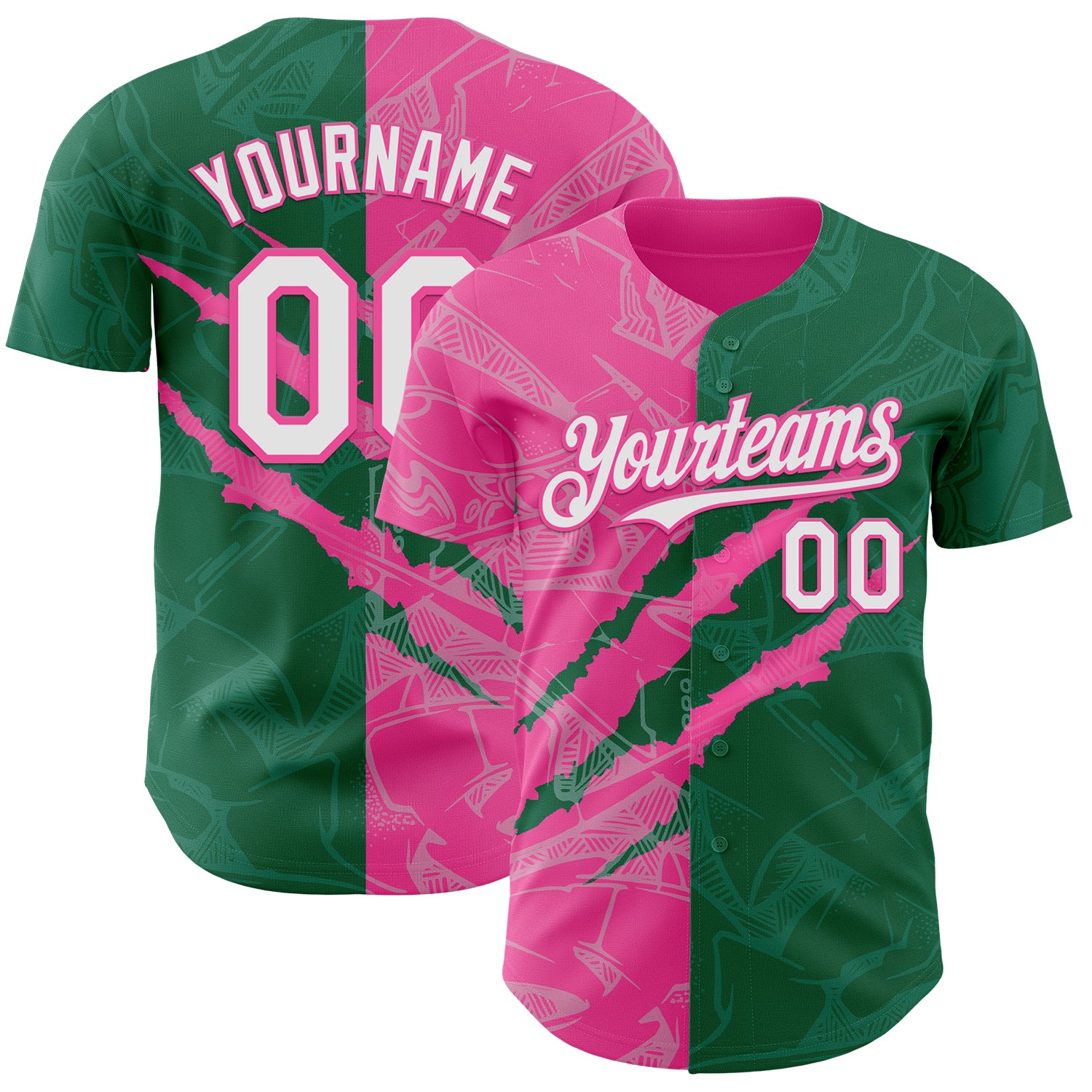 Custom Graffiti Pattern White Kelly Green-Pink 3D Scratch Authentic Baseball Jersey