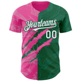 Custom Graffiti Pattern White Kelly Green-Pink 3D Scratch Authentic Baseball Jersey