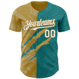Custom Graffiti Pattern White Teal-Old Gold 3D Scratch Authentic Baseball Jersey