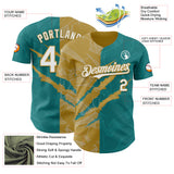 Custom Graffiti Pattern White Teal-Old Gold 3D Scratch Authentic Baseball Jersey