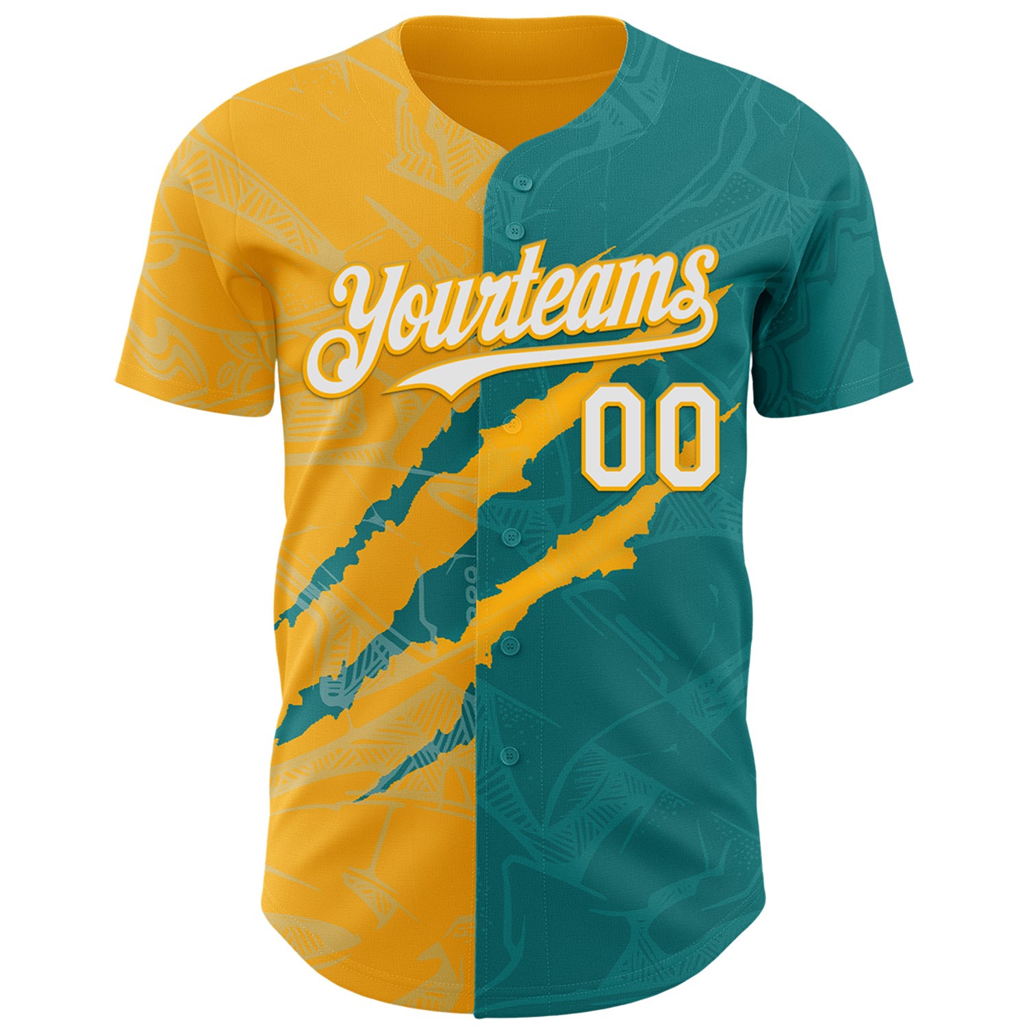 Custom Graffiti Pattern White Teal-Gold 3D Scratch Authentic Baseball Jersey
