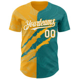 Custom Graffiti Pattern White Teal-Gold 3D Scratch Authentic Baseball Jersey