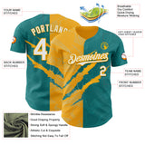 Custom Graffiti Pattern White Teal-Gold 3D Scratch Authentic Baseball Jersey