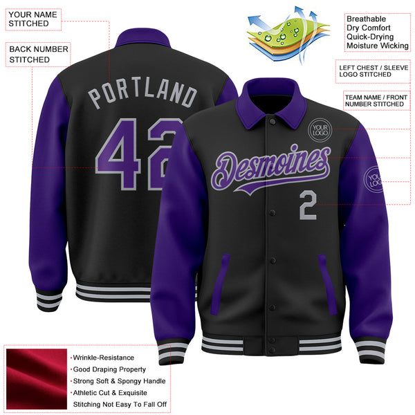 Custom Gray Purple Varsity Full-Snap Star Pattern Letterman Baseball Jacket main image 0