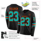 Custom Black Aqua-Orange Long Sleeve Authentic Football Jersey