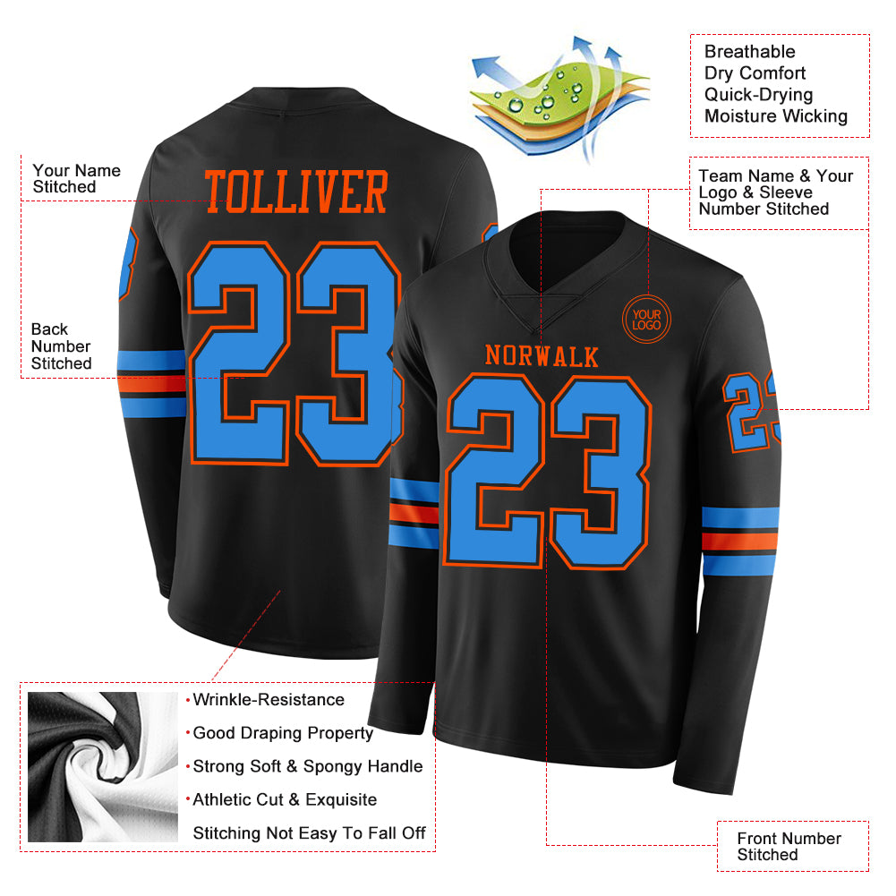 Custom Black Powder Blue-Orange Long Sleeve Authentic Football Jersey