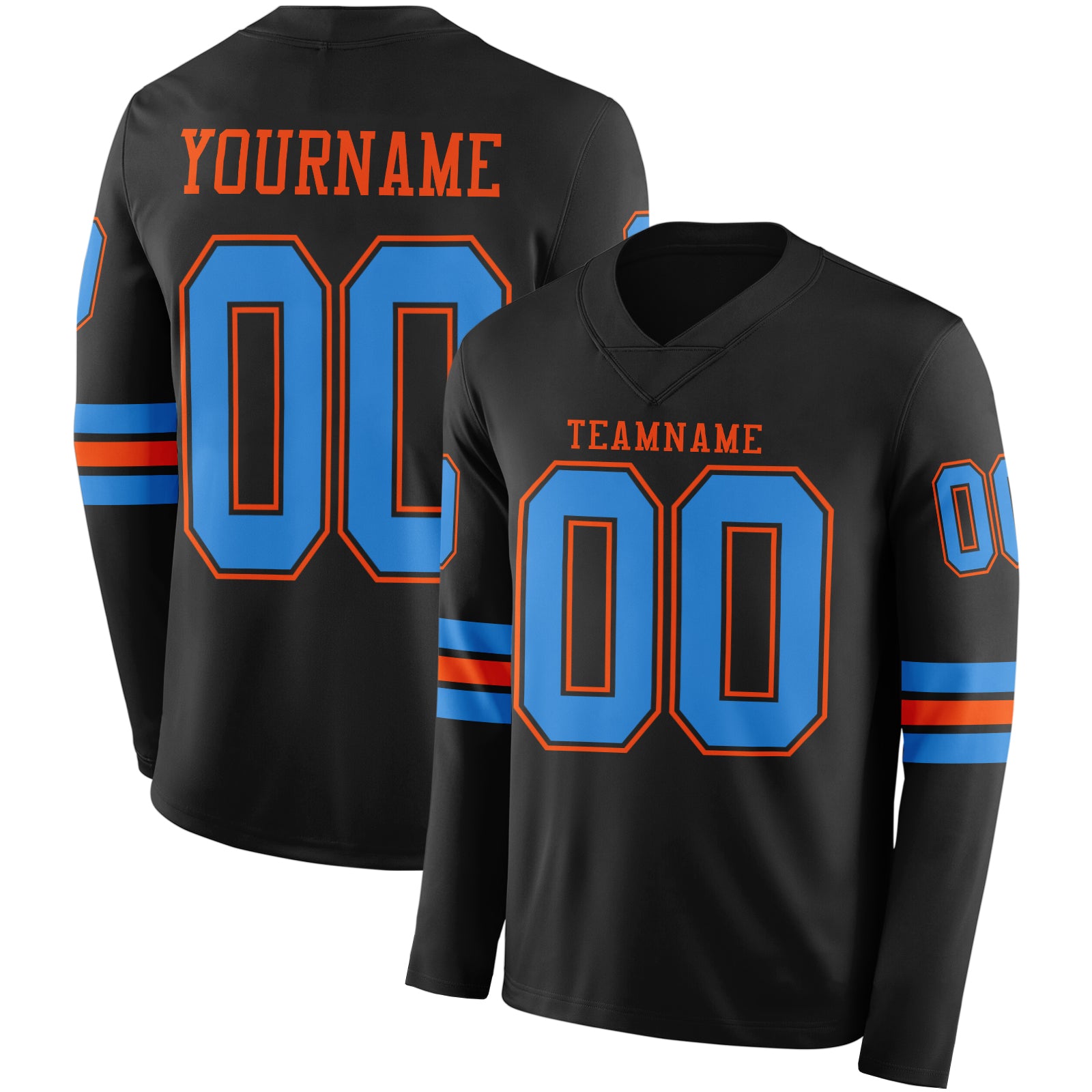 Custom Black Powder Blue-Orange Long Sleeve Authentic Football Jersey