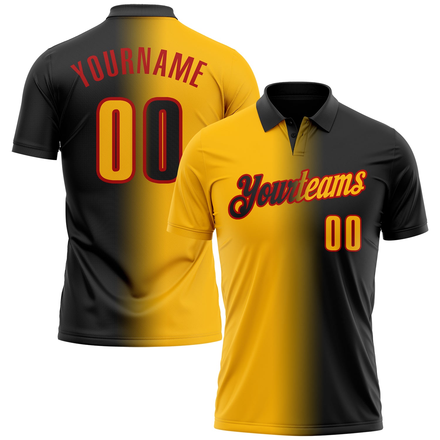 Custom Black Gold-Red 3D Gradient Fashion Performance Polo Shirt