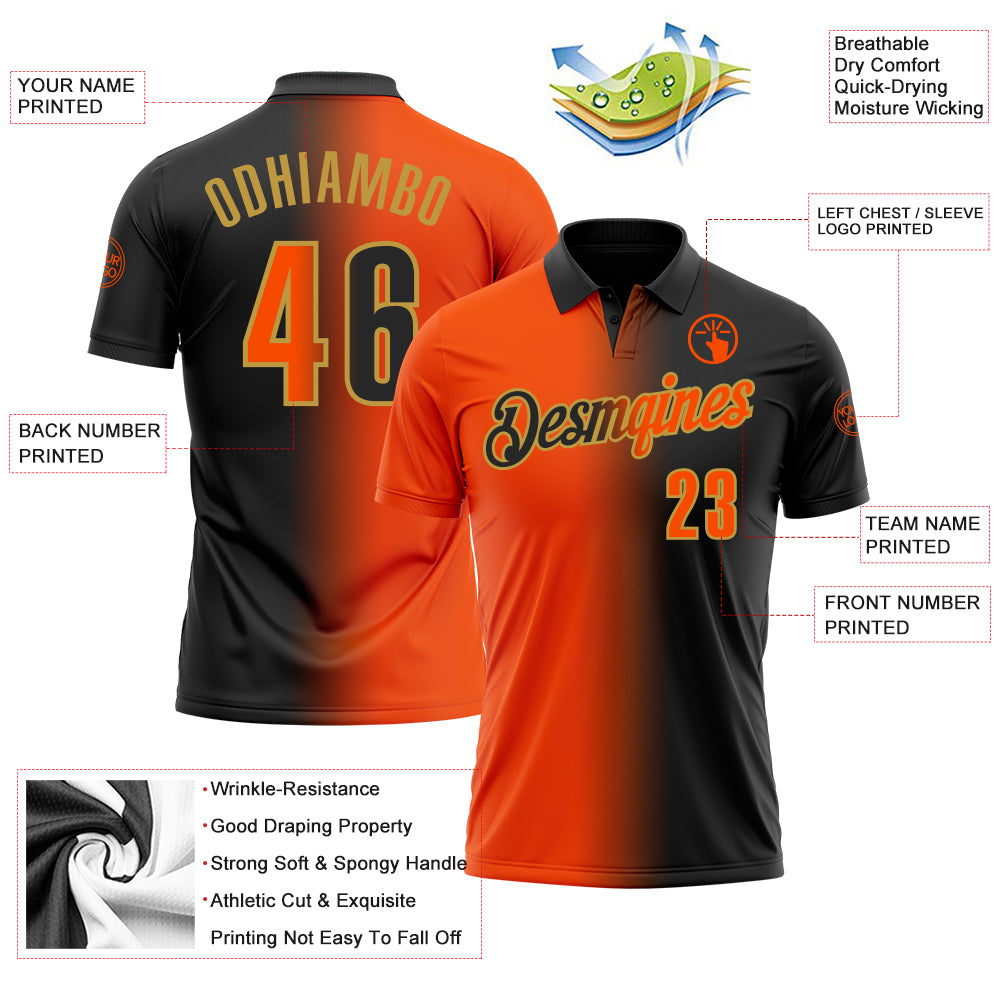 Custom Black Orange-Old Gold 3D Gradient Fashion Performance Polo Shirt