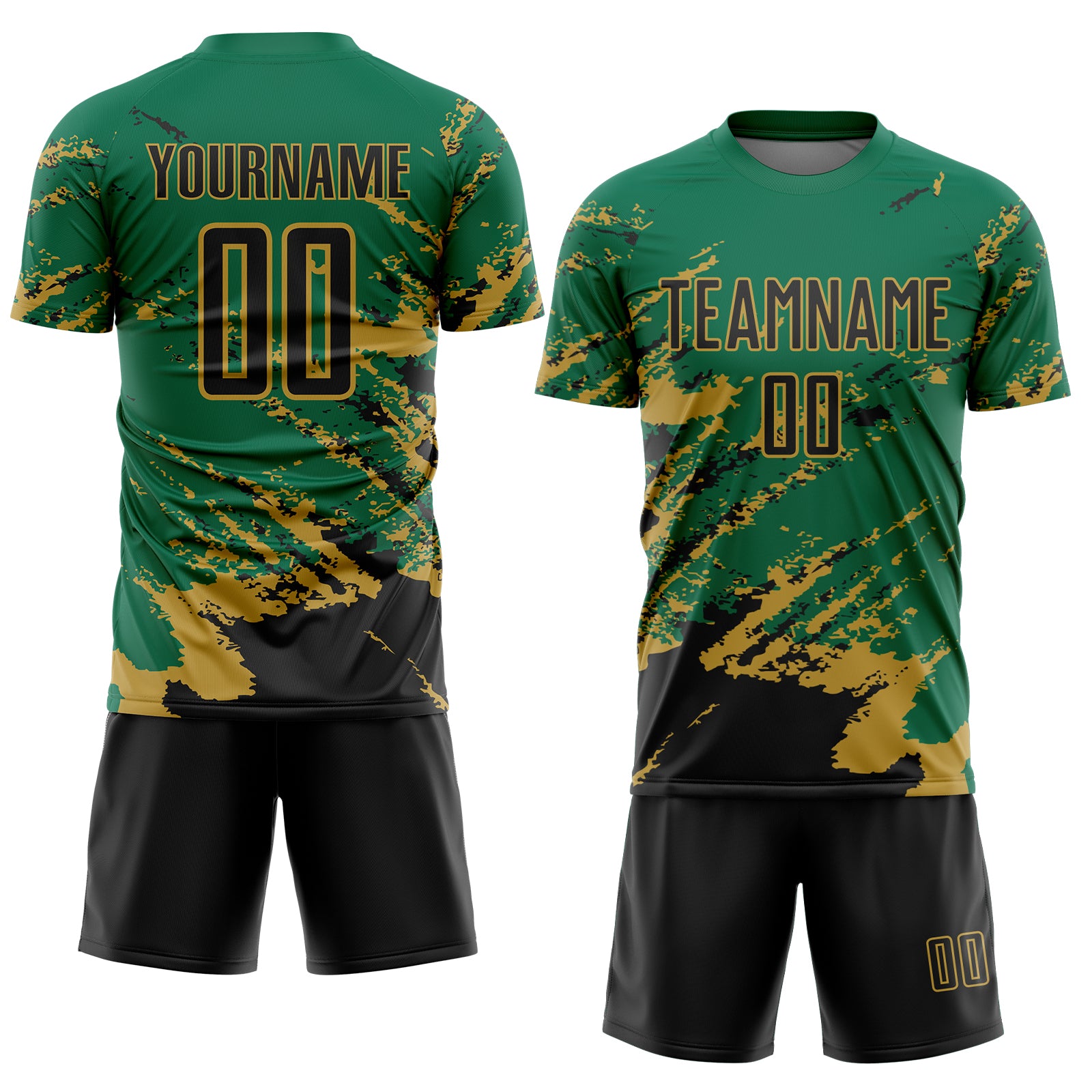 Custom Kelly Green Black-Old Gold Abstract Fragment Art Splash Sports Sublimation Soccer Uniform Jersey