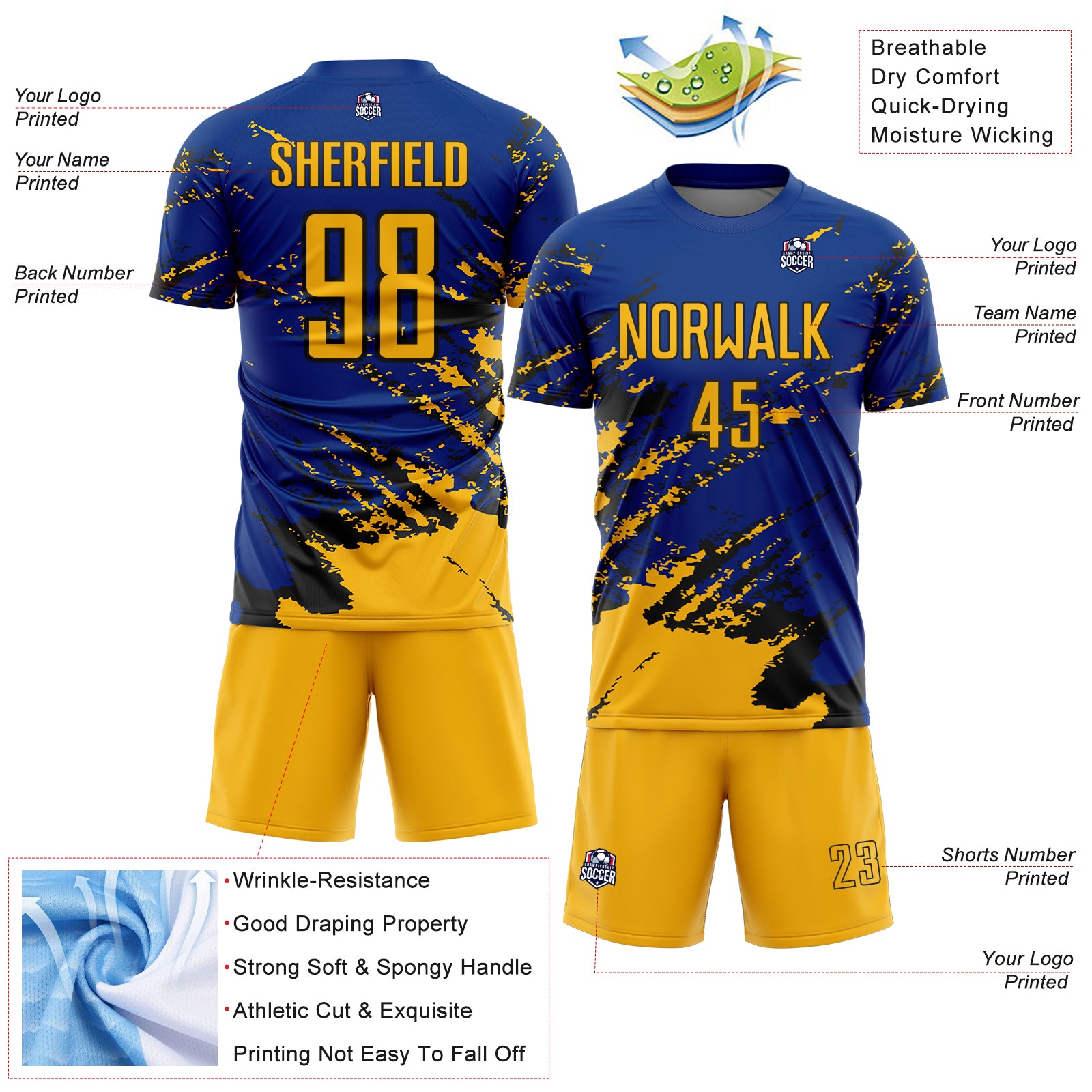 Custom Royal Gold-Black Abstract Fragment Art Splash Sports Sublimation Soccer Uniform Jersey