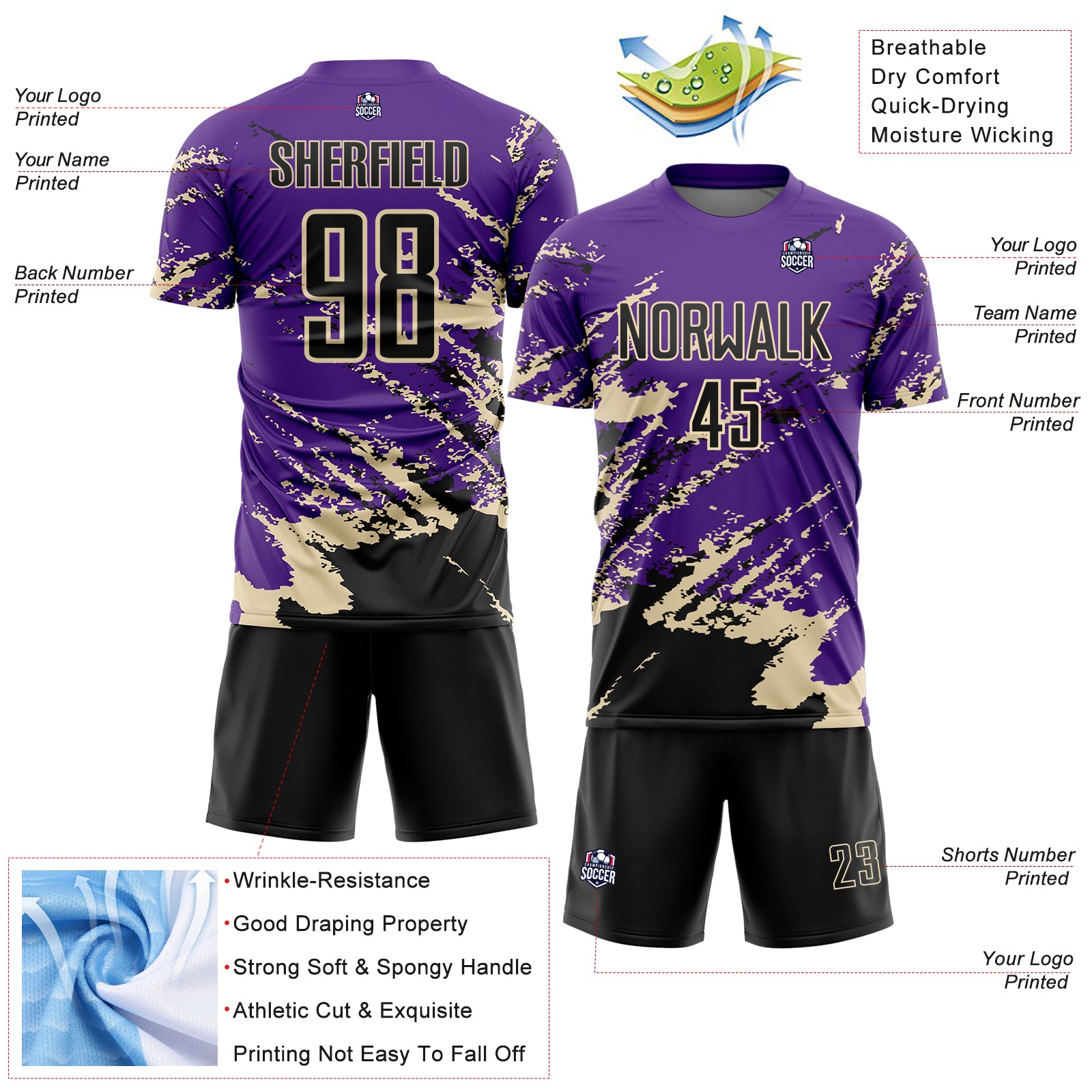 Custom Purple Black-Cream Abstract Fragment Art Splash Sports Sublimation Soccer Uniform Jersey