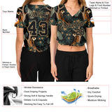 Custom Women's Black Black-Old Gold Tiger And Peacock 3D V-Neck Cropped Baseball Jersey