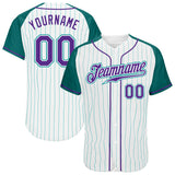 Custom White Aqua Pinstripe Purple-Aqua Authentic Raglan Sleeves Baseball Jersey