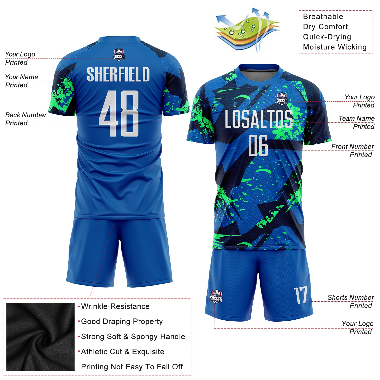 Custom Royal White-Neon Green Sublimation Soccer Uniform Jersey