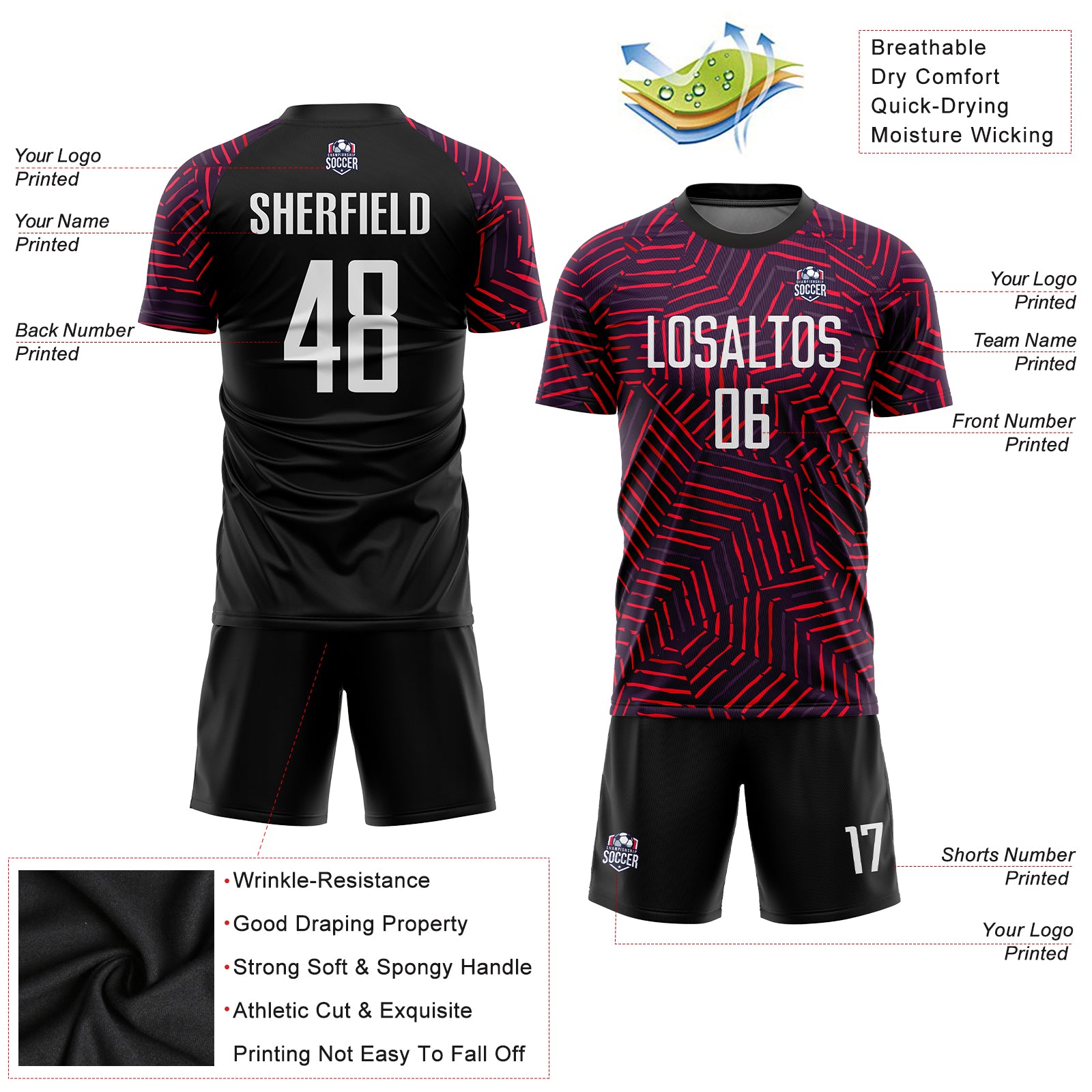 Custom Black White-Red Sublimation Soccer Uniform Jersey