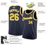 Custom Navy White Pinstripe Gold-White Authentic Basketball Jersey