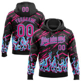 Custom Stitched Black Hot Pink-Sky Blue 3D Pattern Design Flame Sports Pullover Sweatshirt Hoodie