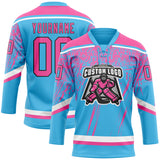 Custom Sky Blue Pink Black-White 3D Splash Hockey Lace Neck Jersey