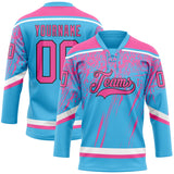 Custom Sky Blue Pink Black-White 3D Splash Hockey Lace Neck Jersey