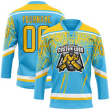 Custom Sky Blue Yellow Black-White 3D Splash Hockey Lace Neck Jersey