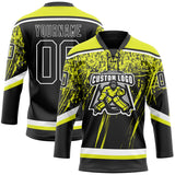 Custom Black Neon Yellow-White 3D Splash Hockey Lace Neck Jersey