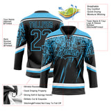 Custom Black Sky Blue-White 3D Splash Hockey Lace Neck Jersey