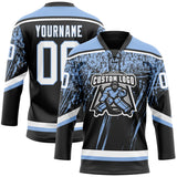 Custom Black White-Light Blue 3D Splash Hockey Lace Neck Jersey
