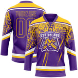 Custom Purple Yellow-White 3D Splash Hockey Lace Neck Jersey